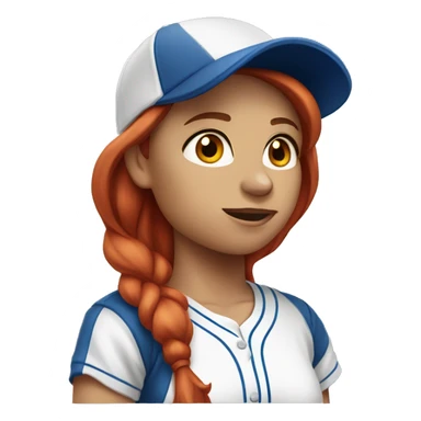 front facing, standing female coach with long red hair, wearing a white t-shirt and a simple blue baseball hat sticker