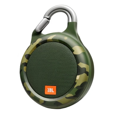 Minimalist JBL Clip 4 speaker with accurate circular shape and integrated carabiner clip at top, green camouflage pattern, iOS emoji style sticker
