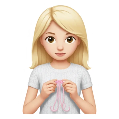 Blonde girl knitting with a white tshirt, the yarn is light pink sticker