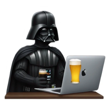 Dark vader holding a beer and a macbook sticker
