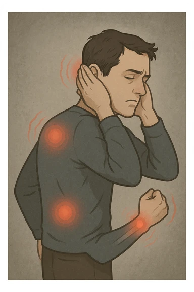 uomo che ignora i suoi un mal di testa, mal di schiena e dolore articolare e ignora ogni segnale e messaggio che il corpo manda per avvertirlo sticker