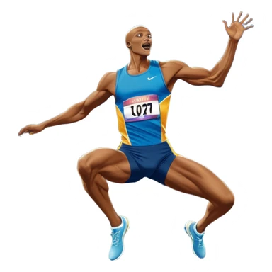 An icon showcasing  a sprinter in full speed, a high jumper soaring over the bar, a long jumper taking off, and a discus thrower in motion. The background features a vibrant stadium with cheering crowds, bright lights, and a clear sky.  sticker