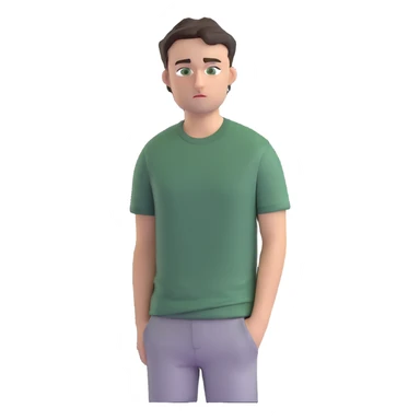 man with dark messy short hair, dark green eyes, wearing a gray t-shirt sticker