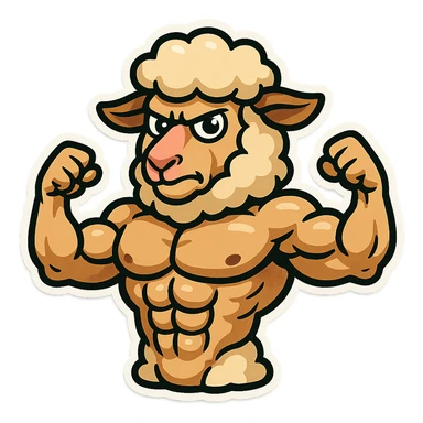 Create a buff sheep with visible 6 pack abs in a cartoonish sticker style. The style should resemble cartoonish stickers with bold outlines and vibrant colors. sticker