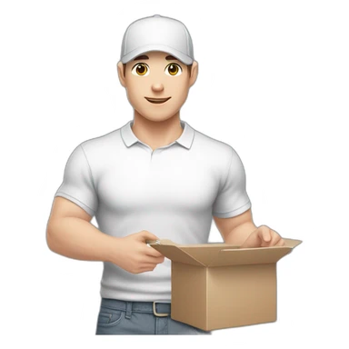 Pale skinned fit Man with dark brown hair in a white cap, gray jeans and gray polo T-shirt keeping a pasted with tape box into his hands sticker