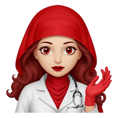 Lilith scalpel in hand, evil surgeon sexy surgeon clothes.  She has red eyes. She has dark brown long curly hair. Wears sexy doctor outfit with red gloves. Covers mouth neck and nose with red burka to hide her identity sticker