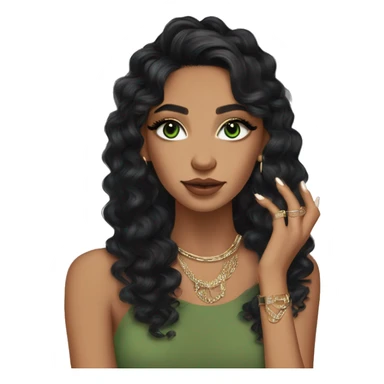 Glamorous, streetwear, black hair, long loose curls hair, olive skin, green almond eyes, winged eyeliner with big lashes, wearing hooped earrings, rings and bracelets, almond fake nails sticker