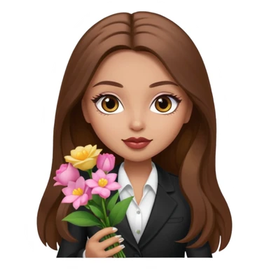 corporate pretty bratz baddie, long brown hair holding flowers sticker