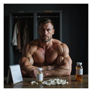 realistic muscular bodybuilder man with serious expression, supplements and medical vials on table, calendar with all months behind, defined physique with visible veins, dark locker room background with dramatic lighting, signs of tiredness on face sticker