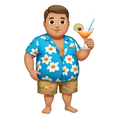 chubby guy full figure in a flowered azure havai shirt, brown shorts and flippers holding a cocktail sticker