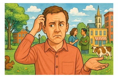 a person with a confused expression surrounded by clear, detailed objects and scenery, representing difficulty judging people but easily perceiving surroundings sticker