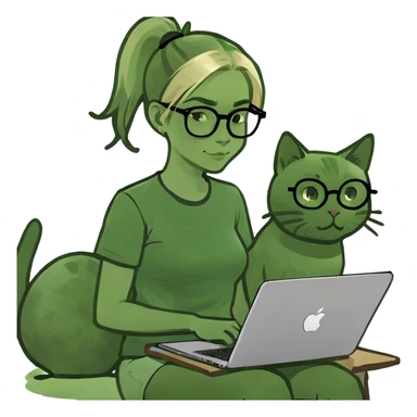 Blonde woman ponytail  with cat and MacBook  sticker