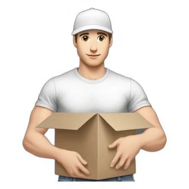 Pale skinned fit Man with dark brown hair in a white cap, gray jeans and gray polo T-shirt keeping a pasted with tape white box into his hands sticker