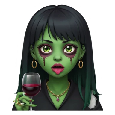 uma garota ZUMBI (cor de pele verde), com piercing na boca e no nariz, com olhos vinhos, cabelos pretos e com franja, e roupa preta sticker