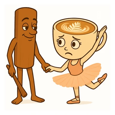 Keep the same quality and style as the reference image. Edit the coffee cup character to have a confused expression and the cinnamon stick character to have a proud expression. sticker
