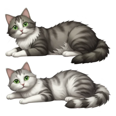 grey and white cat with green eyes doing a big extremely long stretch reaching up into the air with arms and legs side by side together straight and overextended whilst lying on its side sticker