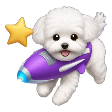 a white maltipoo flying with a purple rocket sticker