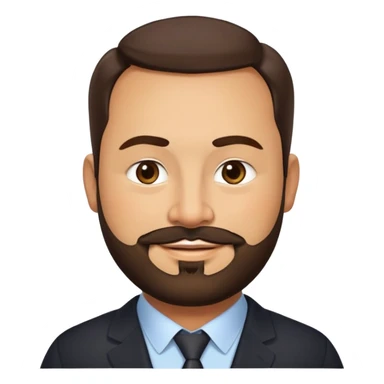 Very stocky businessman in his 40s with light brown skin, pear-shaped face, full cheeks, warm friendly smile, kind welcoming eyes, thick eyebrows, wide nose, short full beard, short dark hair, wearing a black button-up shirt sticker