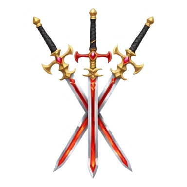 Two crossed swords that are golden in blade and handle and have fiery and royal appearence to them as well as red gem stones sticker