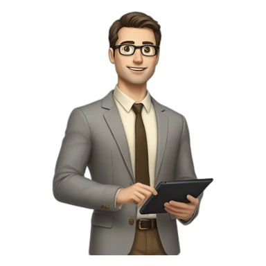 Pale skinned fit man with dark brown hair in gray jacket, beige office shirt, brown tie, brown pants and vintage glasses Writing on the tablet sticker