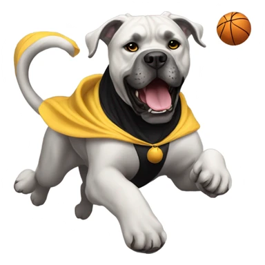  A white Cane Corso flying with a basketball wearing a black and gold cape. sticker