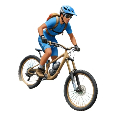A thrilling downhill mountain biking scene! A rider in full gear speeds down a steep rocky trail, kicking up dust. The rugged mountain landscape surrounds them, with towering peaks, evergreen trees, and a bright blue sky. The rush of adventure is in the air. Transparent background. sticker