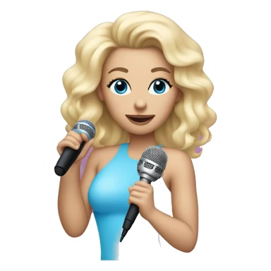 Blonde, caucasian singer wearing a pink and blue bodysuit and holding a microphone sticker