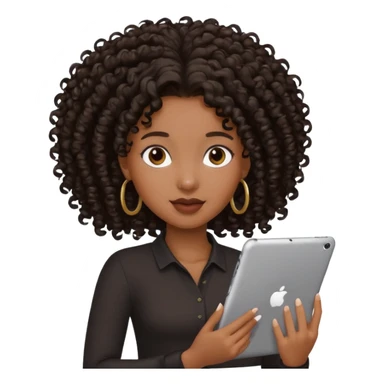 Dark brown Black girl with curly ponytail holding ipad sticker