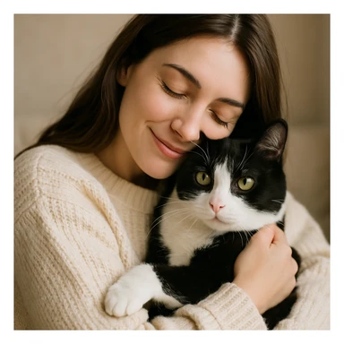 a woman in a cream sweater with long brown hair hugging a black and white cat, cozy and loving moment sticker