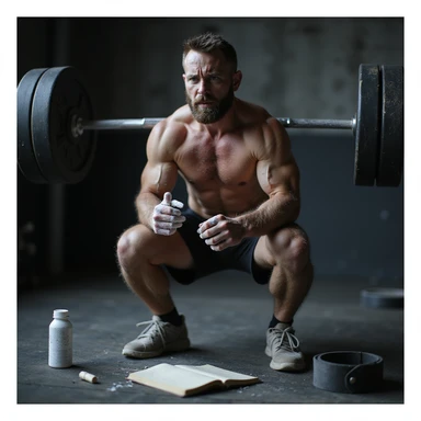30-year-old muscular man during squat with barbell, tired face, hands with chalk, training diary nearby, dark circles and redness on joints, water bottle, magnesium, belt on floor, blurred gym background, cold lighting, cinematic realism style sticker