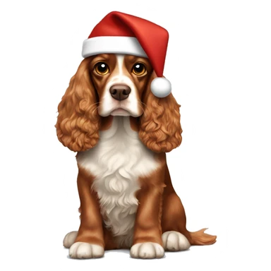 A full-length, adult, red cocker spaniel in a New Year's cap sticker