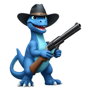 Blue dinosaur wearing a cowboy hat and has a gun sticker