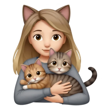 Une femme avec les cheveux dégradée, brun et blond, qui fait un câlin à son chat qui est gris, tigré avec les extrémités oreille patte et queue noir  sticker