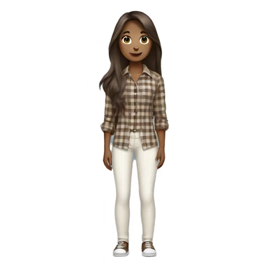 a brunette girl with long straight hair stands in a brown checkered shirt and white pants with a small black handbag sticker