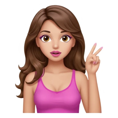 girl with long wavy brown hair, brown eyes, light to medium complexion, in a pink sexy top, pink lips, long lashes, silent motion with the hand one finger up by the mouth sticker