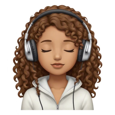 Light brown skin girl, long curly brown flat hair, eyes closed, headphones on listing to music sticker