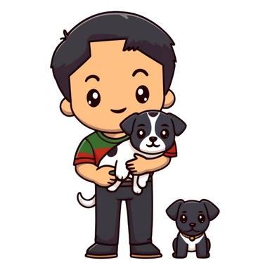 Mexican man with black hair and brown eyes wearing a shirt and black pants, holding a small white dog with one brown ear sticker