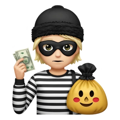 a short ios emoji-style portrait of a classic burglar, a black eye mask and a black-and-white striped shirt. emoji-like hair, black winter-like hat, a bag of money 💰 with a dollar sign in a right corner, evil expression WITHOUT a hand  sticker