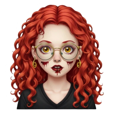 zombie girl with long red curly hair, thick lashes, black glasses, gold nose piercings on each nostril, and a gold eyebrow piercing. sticker
