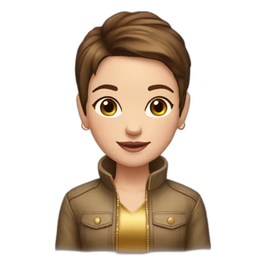 girl-shortest brown hair-gold jacket-smile-ear rings sticker