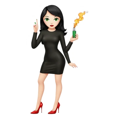🕵🏻‍♀️💦🧥 black hair , green eyes , full body , red high heels , black latex dress , 🖕🏻🚬 sticker