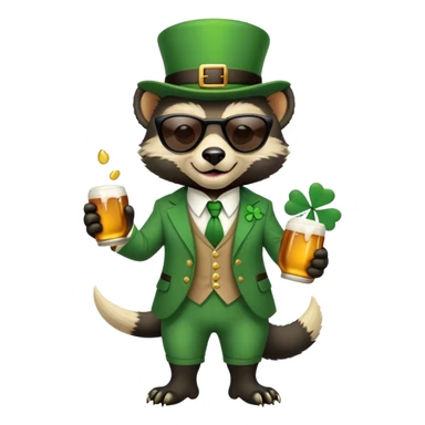 friendly anthropomorphised honey badger in a classic leprechaun suit with shamrock accessories, wearing sunglasses, St. Patrick's Day sticker