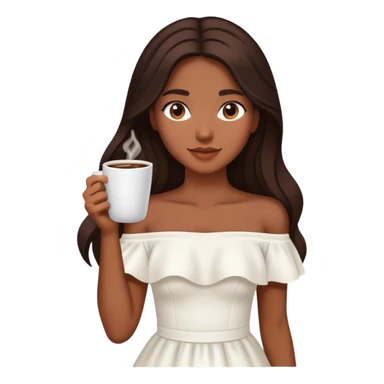 Beautiful woman in 1950’s woman fashion look, off-shoulder white dress, long dark brown hair, coffee sticker