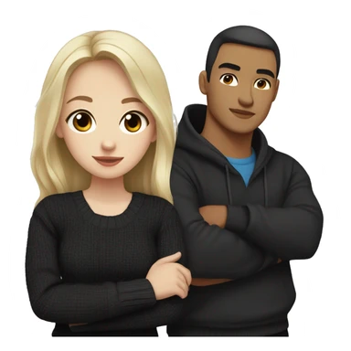 dark Blonde girl with blue eyes in black sweater and an east asian with light skin man with black hair and black eyes hugging sticker
