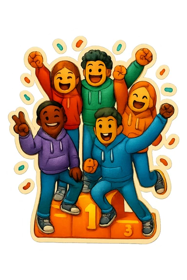Change to a different pose and add confetti. Keep the group of five multi-racial people on a winners’ podium, no numbers, all in jeans and hoodies, excited, fun, expressive emoji style. sticker