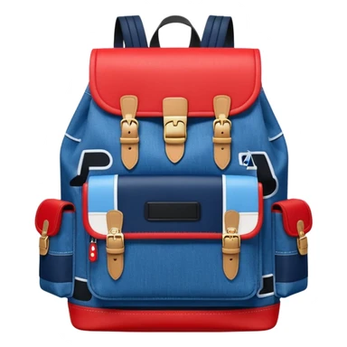 Minimalist emoji-style icon of a stylish blue denim backpack with a flap top, two vertical black buckle straps, a large red-white-navy horizontal block in the center, and two zipper side pockets. Inspired by Tommy Jeans design. Front view, cartoon-like, clean design.

 sticker