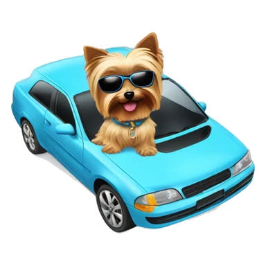A sky blue car with a yorkie inside vibing with sunglasses sticker