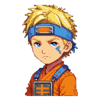 A blonde ninja boy with spiky hair, whisker marks on cheeks, orange outfit, and blue headband with metal plate sticker