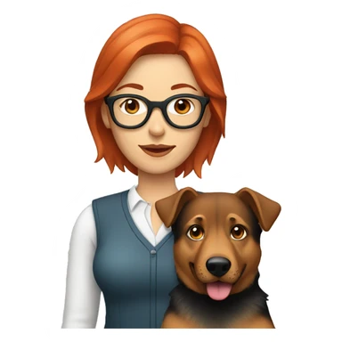 woman with red hair wearing glasses with german shepherd dog sticker