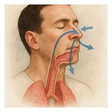realistic illustration of a person deeply inhaling through the nose with arrows showing airflow, caption in Italian sticker